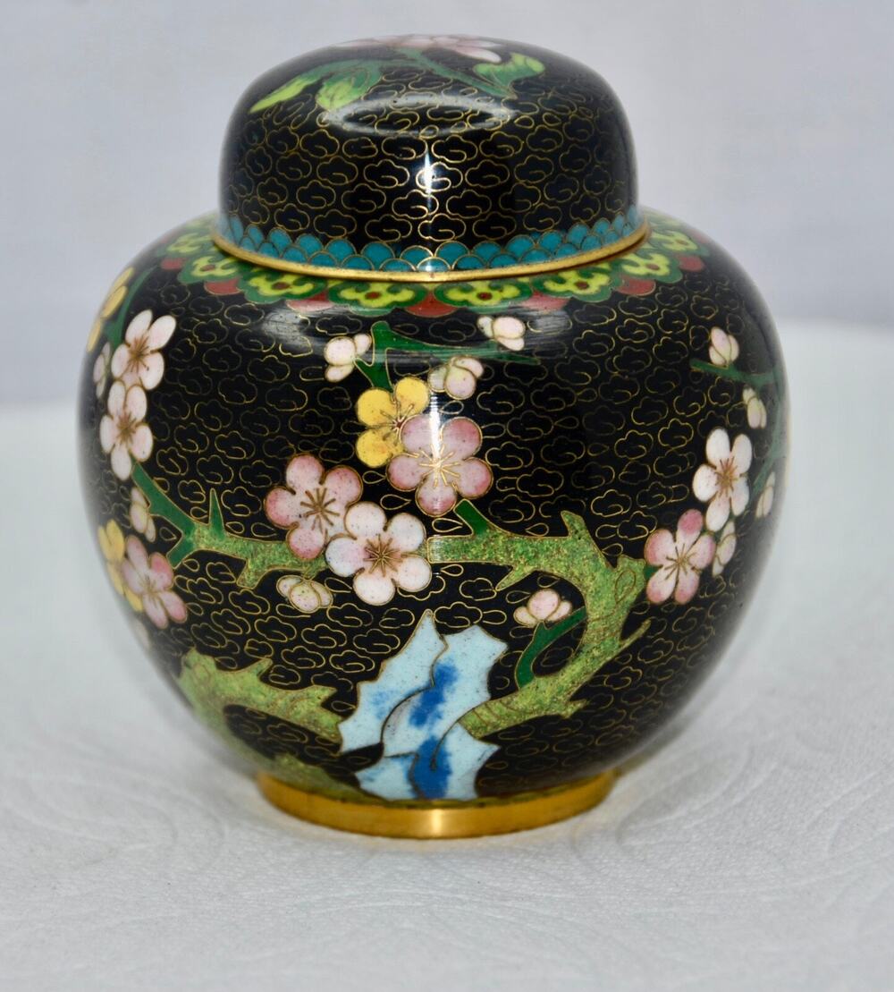 Chinese Cloisonné Enamel and Brass Cherry Blossoms Ginger Jar